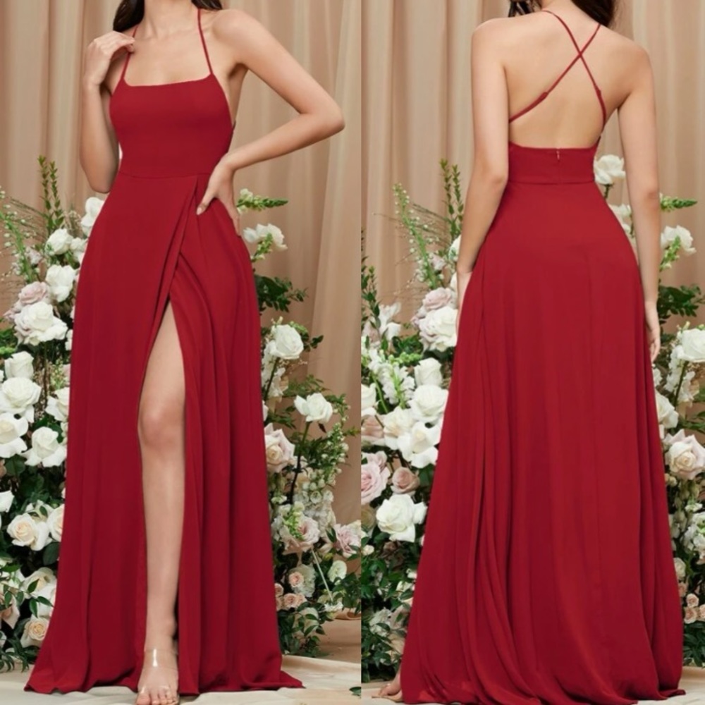 Luxe dusty blue crisscross back slit thigh party bridesmaids formal maxi dress - Picture 4 of 16